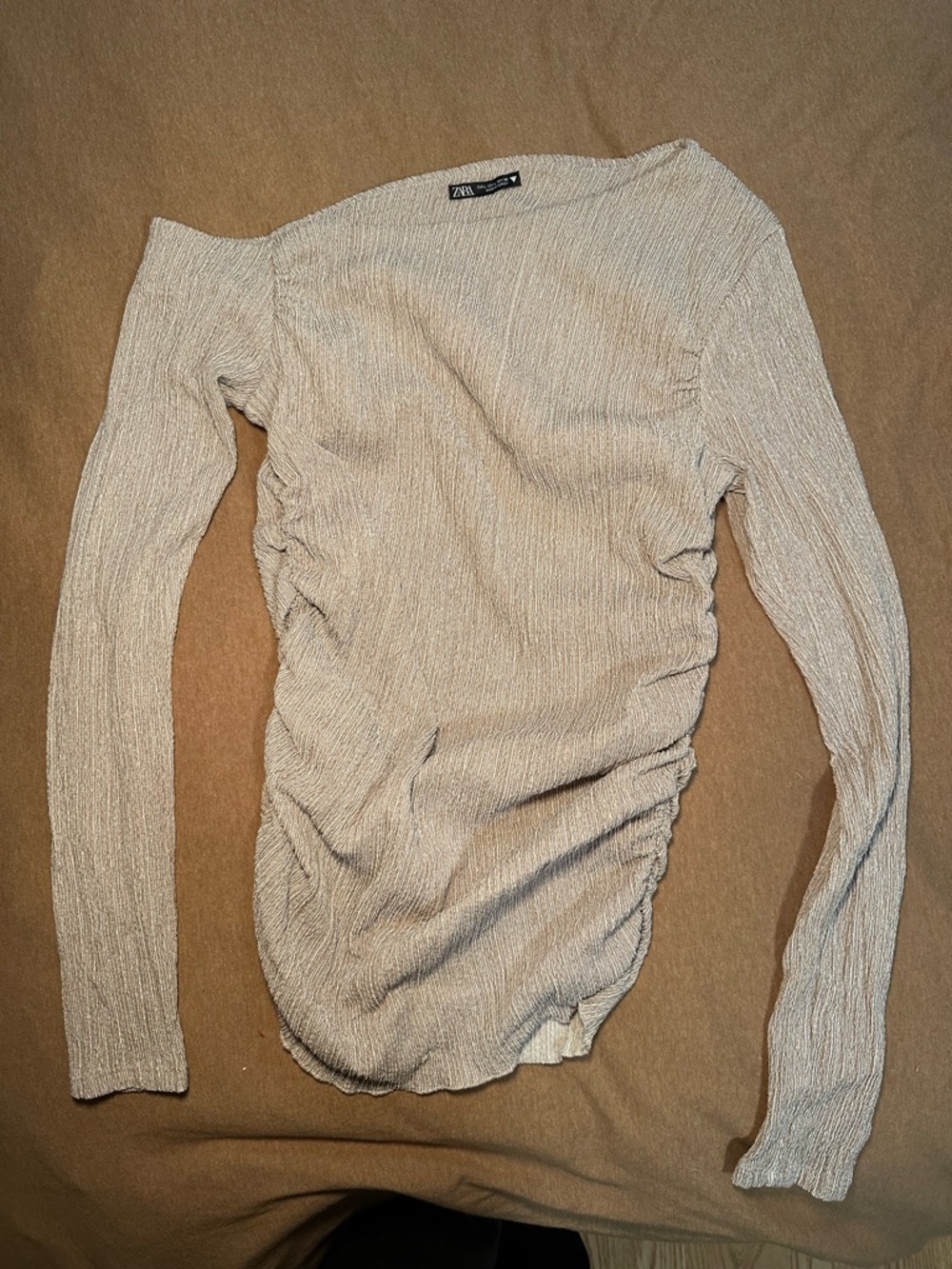 Zara Textured Beige Ribbed Off the shoulder top